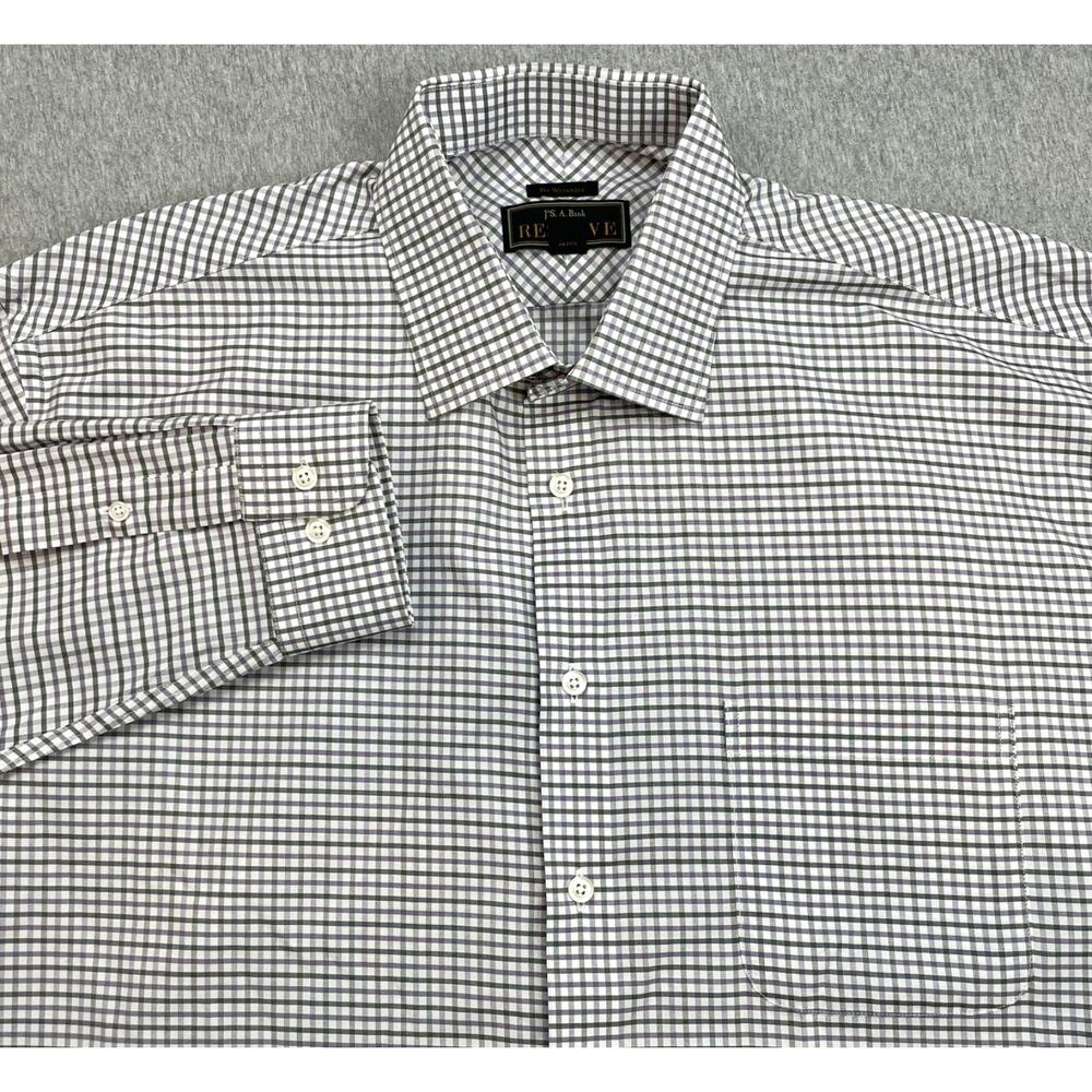 Jos A Bank Shirt Mens 17.5 - 35 Check 100% Cotton Reserve No Wrinkles Button Up